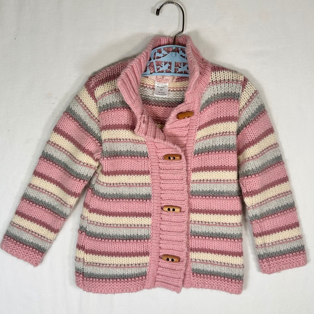 Bellini Italy Kids 3T Pink Striped Wool Blend Toggle Button Cardigan Sweater